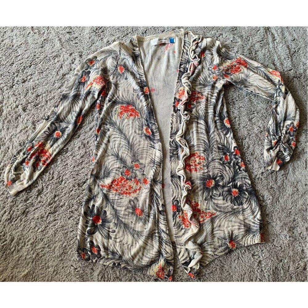 38 SPARROW ANTHROPOLOGIE gray FLORAL Pima cotton RUFFLE OPEN CARDIGAN SWEATER